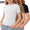 thumbnail image 2 of KyCheLot 3 Pack Ribbed Knit Tops for Girls Crew Neck Solid Color Short Sleeve T-Shirts Trendy Ruffle Trim T-Shirts, 2 of 5
