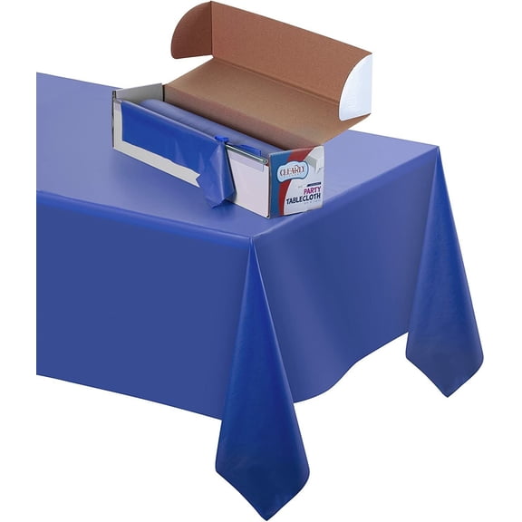 Clearly Elegant Blue Disposable Plastic Tablecloth Roll with Self-Cutter, 52” X 100 Ft