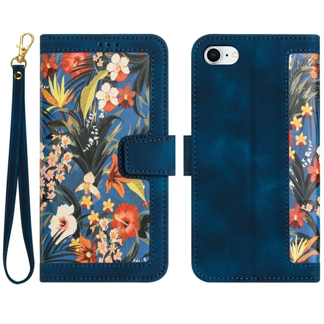 Compatible with iPhone SE 2022 Vintage Flower Wallet Case Magnetic Closure Cover with Card Slots