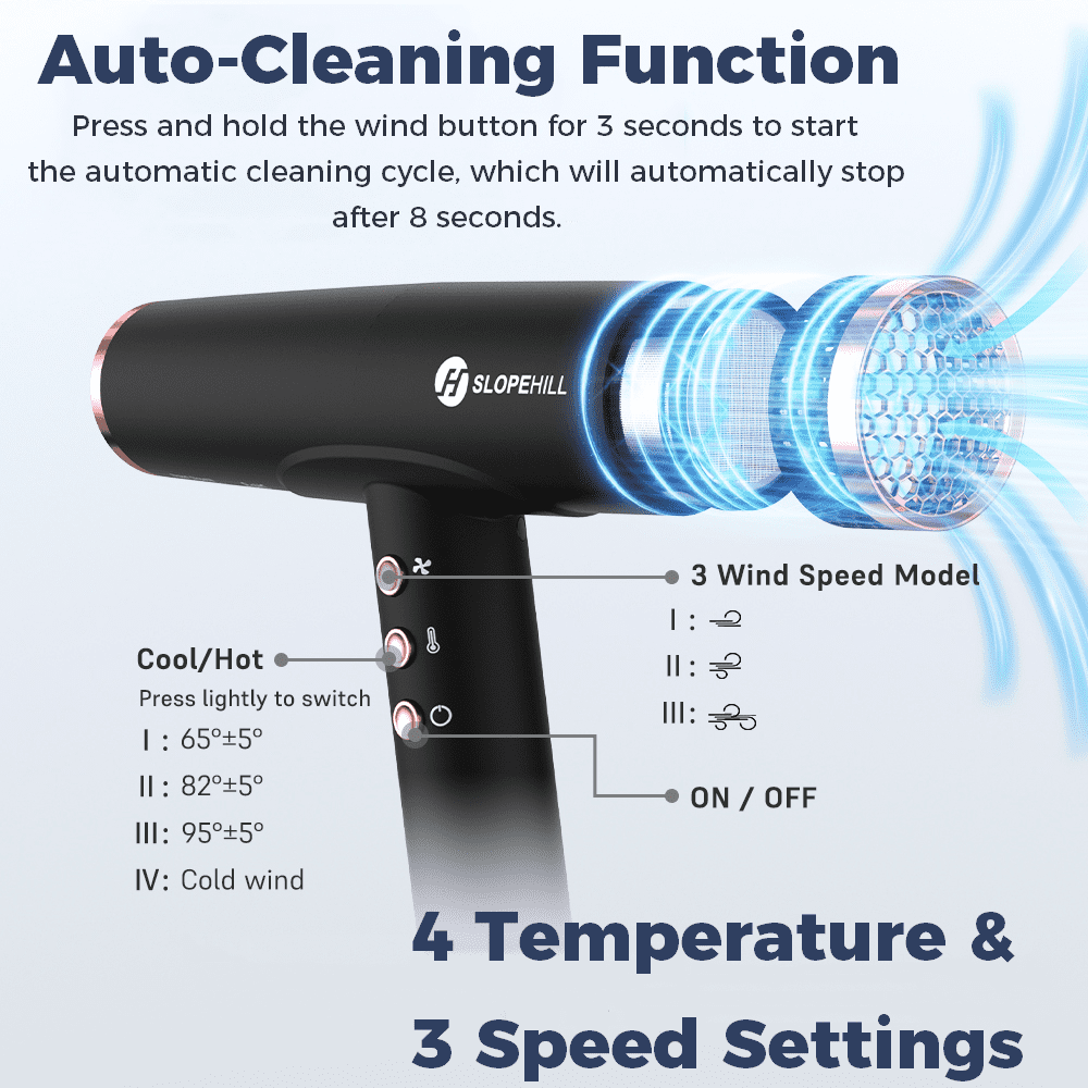 Slopehill Hair Dryer with Diffuser, 2000W Professional Ionic Blow Dryer for Fast Drying & Home Travel, Lightweight & Low Noise, Black