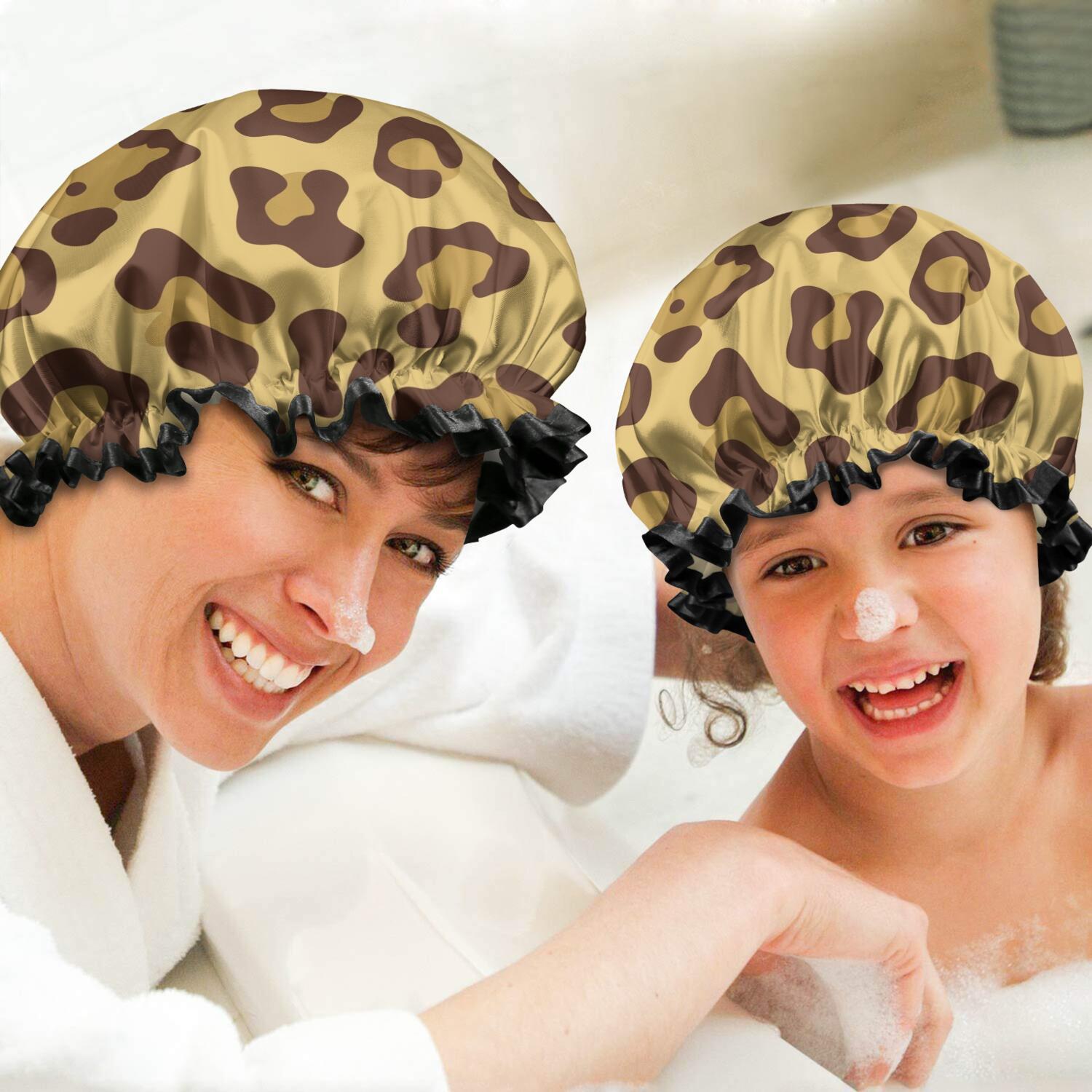 Shower Caps,Yellow and Brown Of Leopard Print Waterproof Shower Cap for Women 4 Pieces,Double Reusable Hair Cover for Shower PEVA Elastic Stretch Hem
