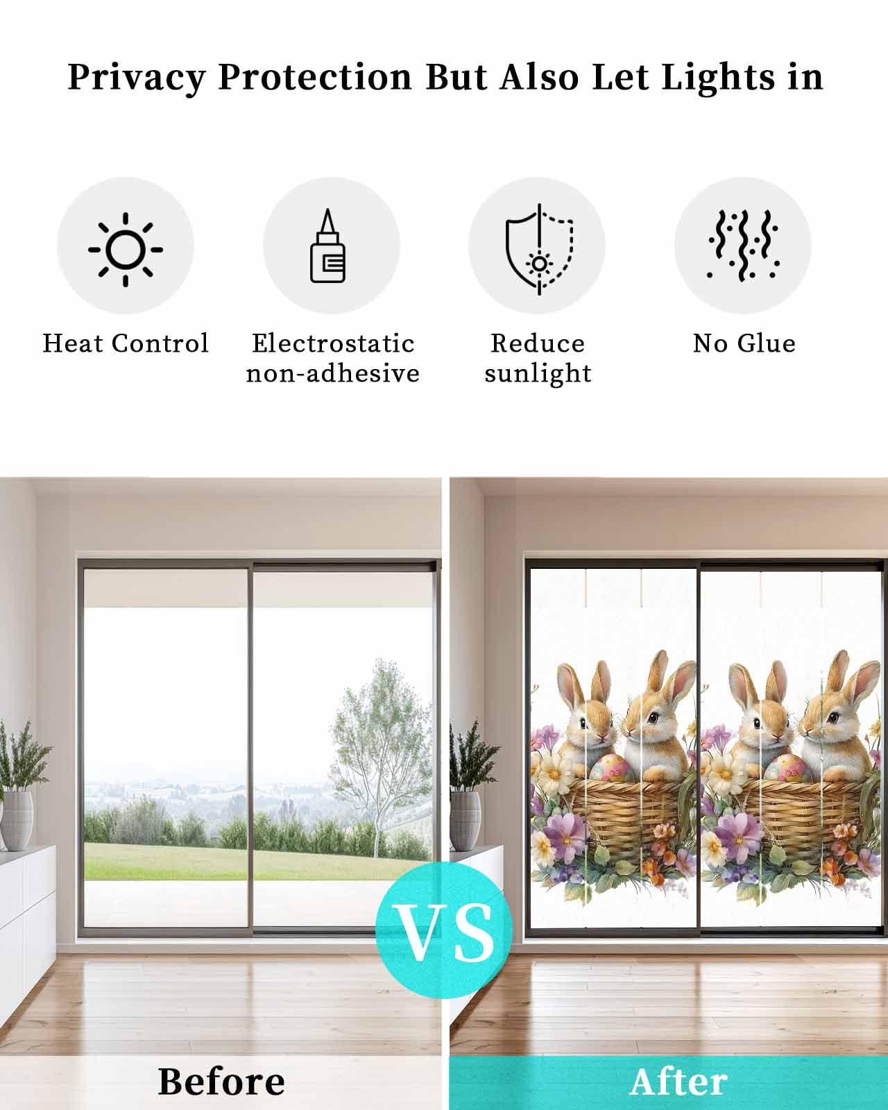 Window Privacy Film Spring Easter Stained Glass Window Film Decorative Sun Block Window Cover Bunny Floral Blooming Botanical Window Clings Static Adhesive Sticker for Bathroom 35.4"x78.7"