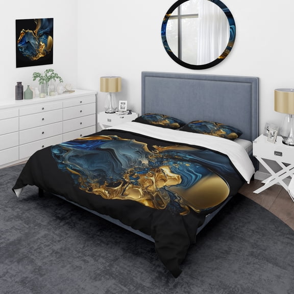 Designart "Blue & Gold Geode Marbling" Abstract Liquid Ink Bedding Covert Set - Modern Blue Abstract Bed Set With 2 Shams