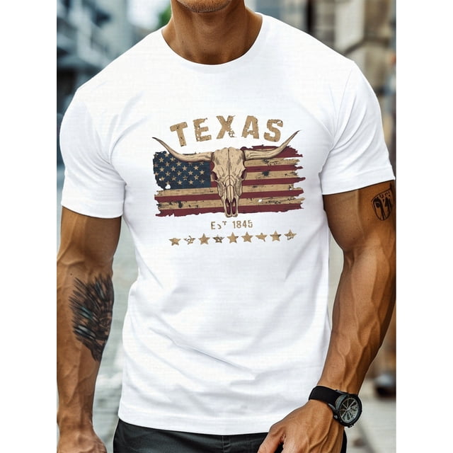 Lightweight & Comfy Texas Longhorn Skull Graphic Tee for Men - Casual Crew Neck, Short Sleeve Summer T-Shirt