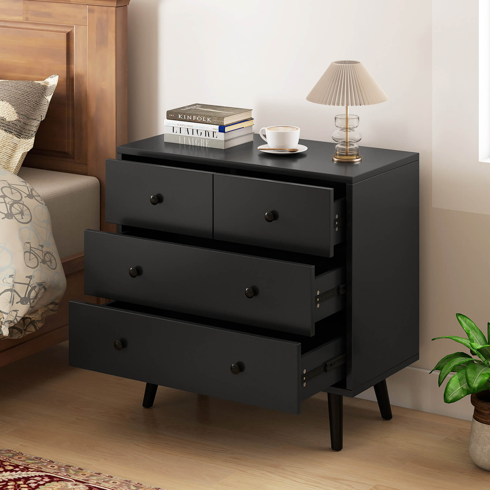 Costway 4 Drawer Dresser for Bedroom Wide Chest of Drawers with Metal Guide Rails Black