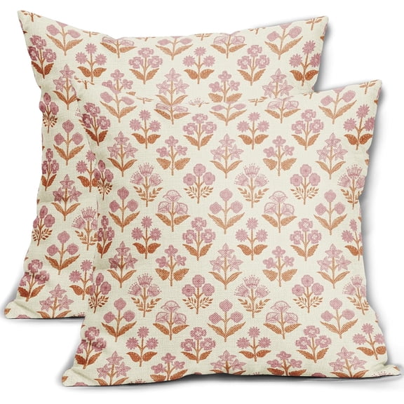 Orange Pink Floral Block Print Pillow Covers 20x20 Inch Set of 2, Vintage Flower Pattern Decorative Throw Pillowcases Outdoor Farmhouse Cushion Covers Spring Summer Rustic Sofa Couch Bed Decor