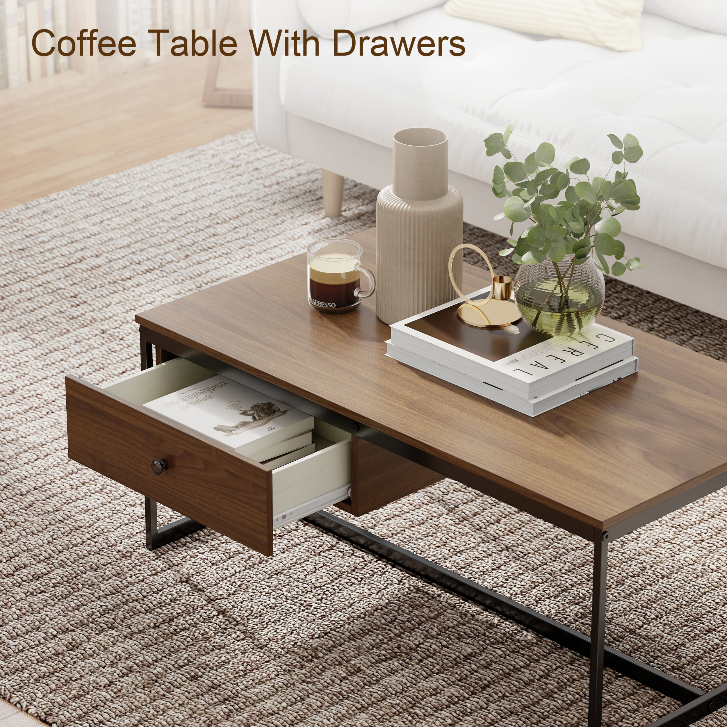 Manxile Industrial Rectangle Wood Coffee Table Metal Cocktail Table with Drawer, Walnut