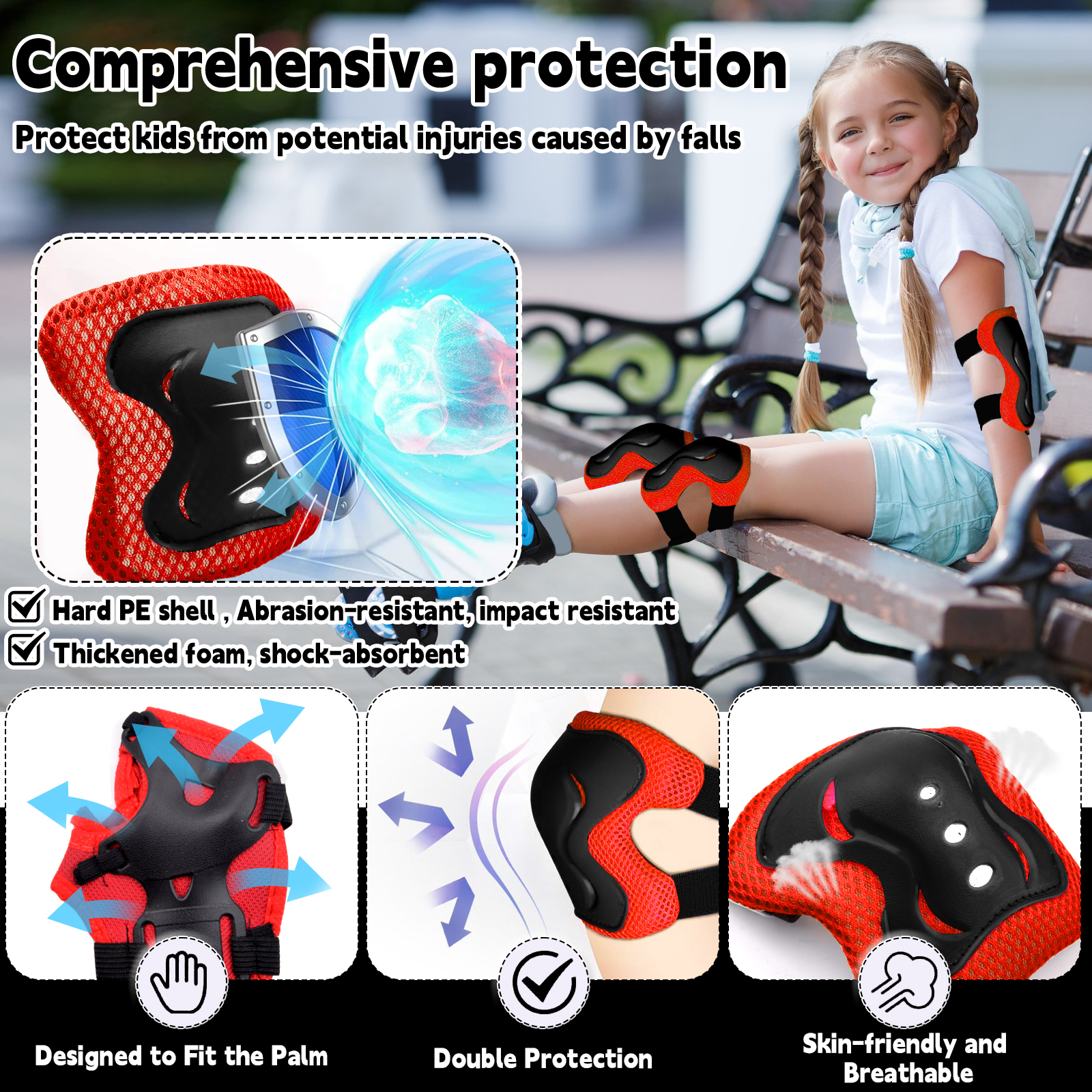 6 Pack Knee & Elbow Pads for Kids Youth Children Outdoor Activities  Guards Protective Gear Pad Set for Roller Skates Cycling BMX Bike Skateboard Inline Skating's Scooter Shaved Ice Riding Sports