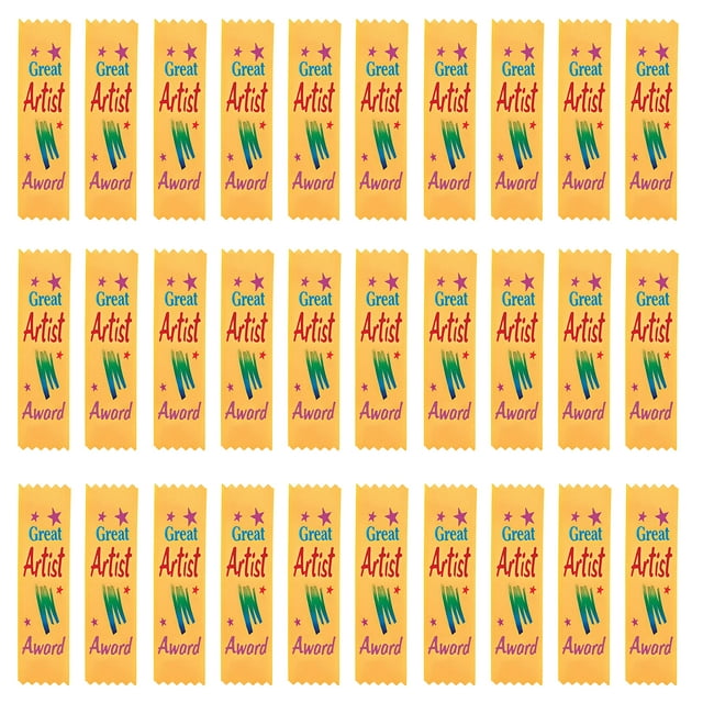 cintas beistle great artist award value 11/2 por 61/4 pulgadas, paquete de 30 — 30 cintas verticales amarillas con borde en zigzag, texto 'Great Artist Award' en rojo y verde, tres estrellas moradas arriba y trazos verdes decorativos; dispuestas en filas sobre fondo blanco, aptas para reconocimiento deportivo o escolar.