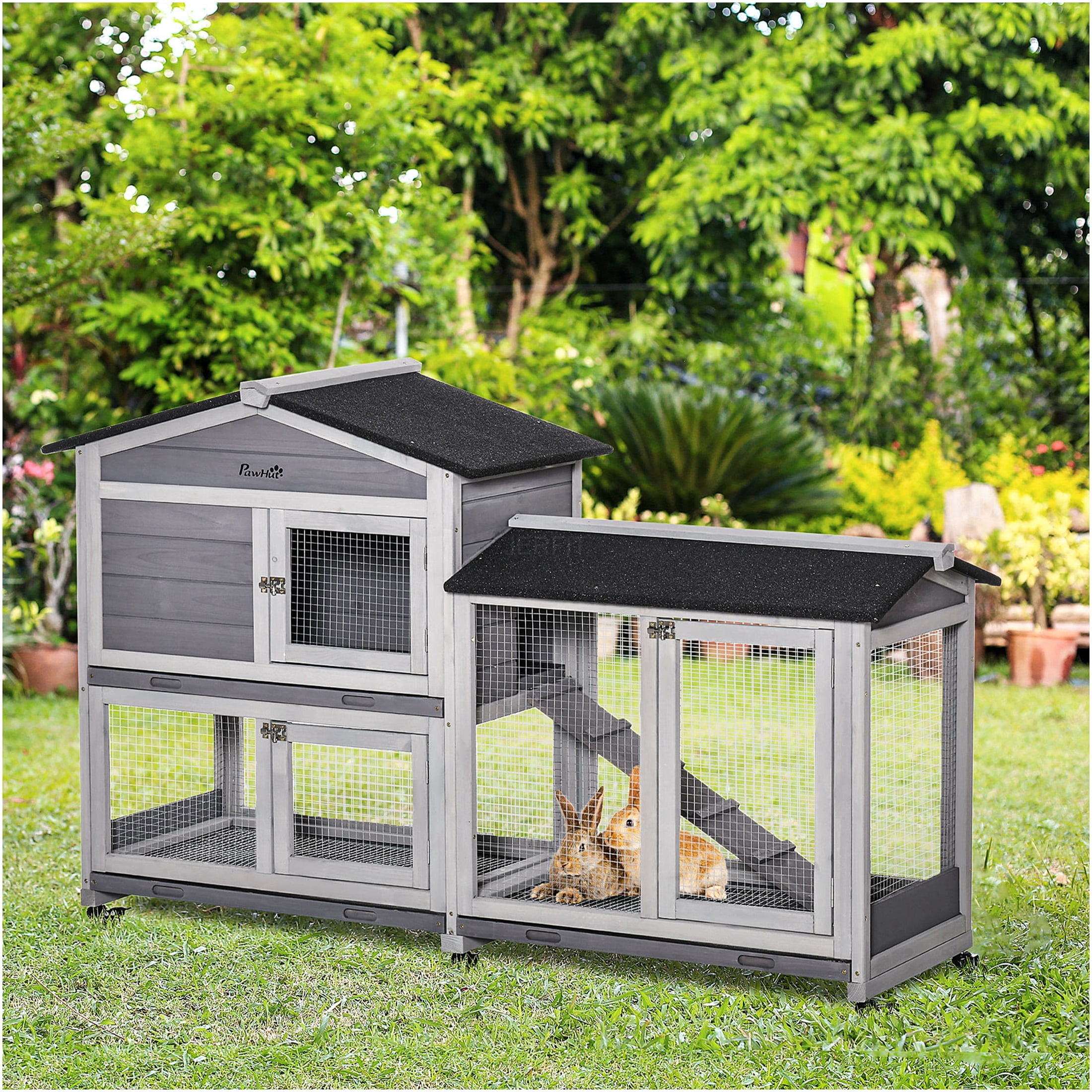 JERFIT 62 Inch Large Rabbit Hutch with Wheels, Outdoor Bunny Cage with Leak-Proof Tray, Wooden Guinea Pig House with Ramp, Playpen for Small Animals, Gray