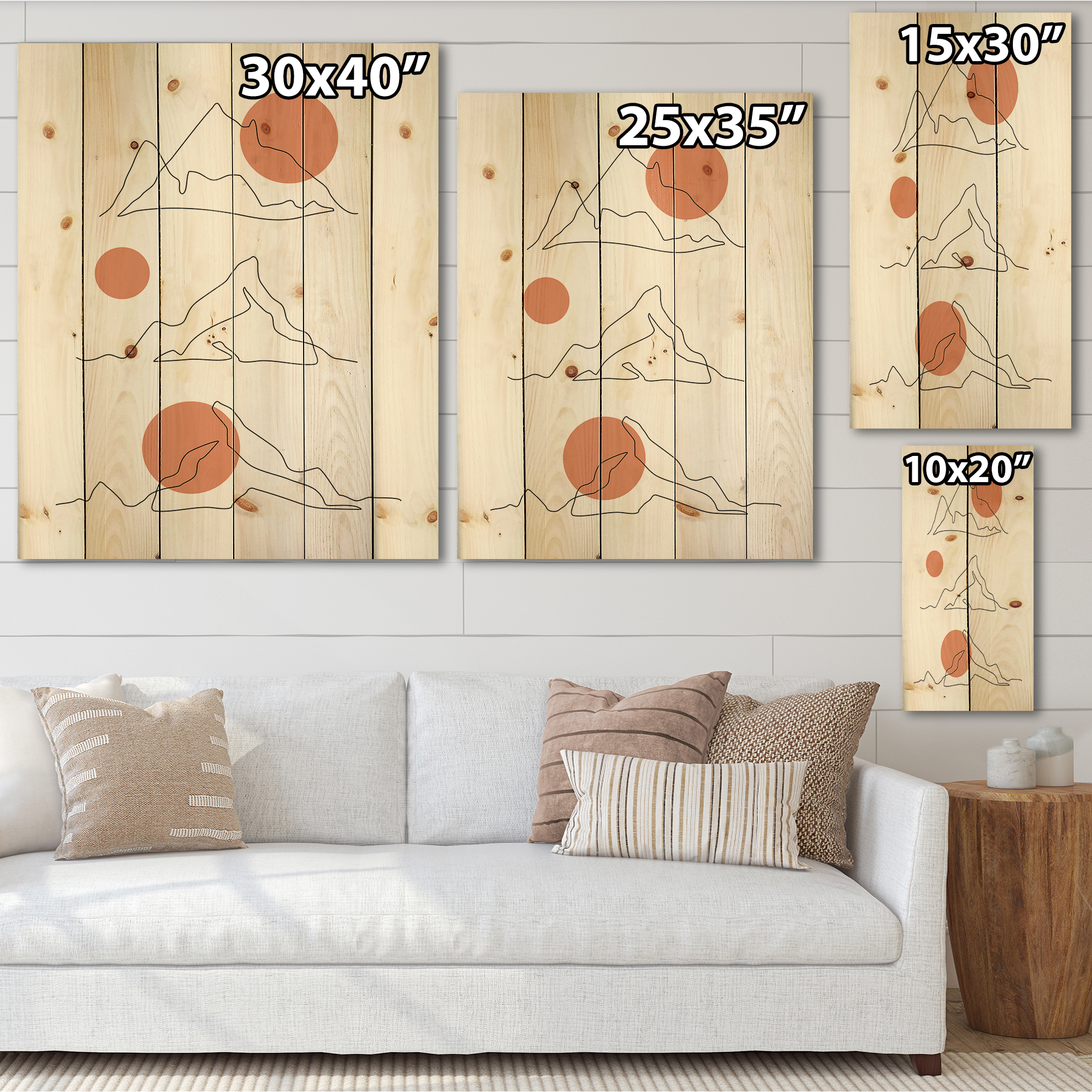 Designart 'Abstract Red Moons With Mountain Range' Modern Print on Natural Pine Wood