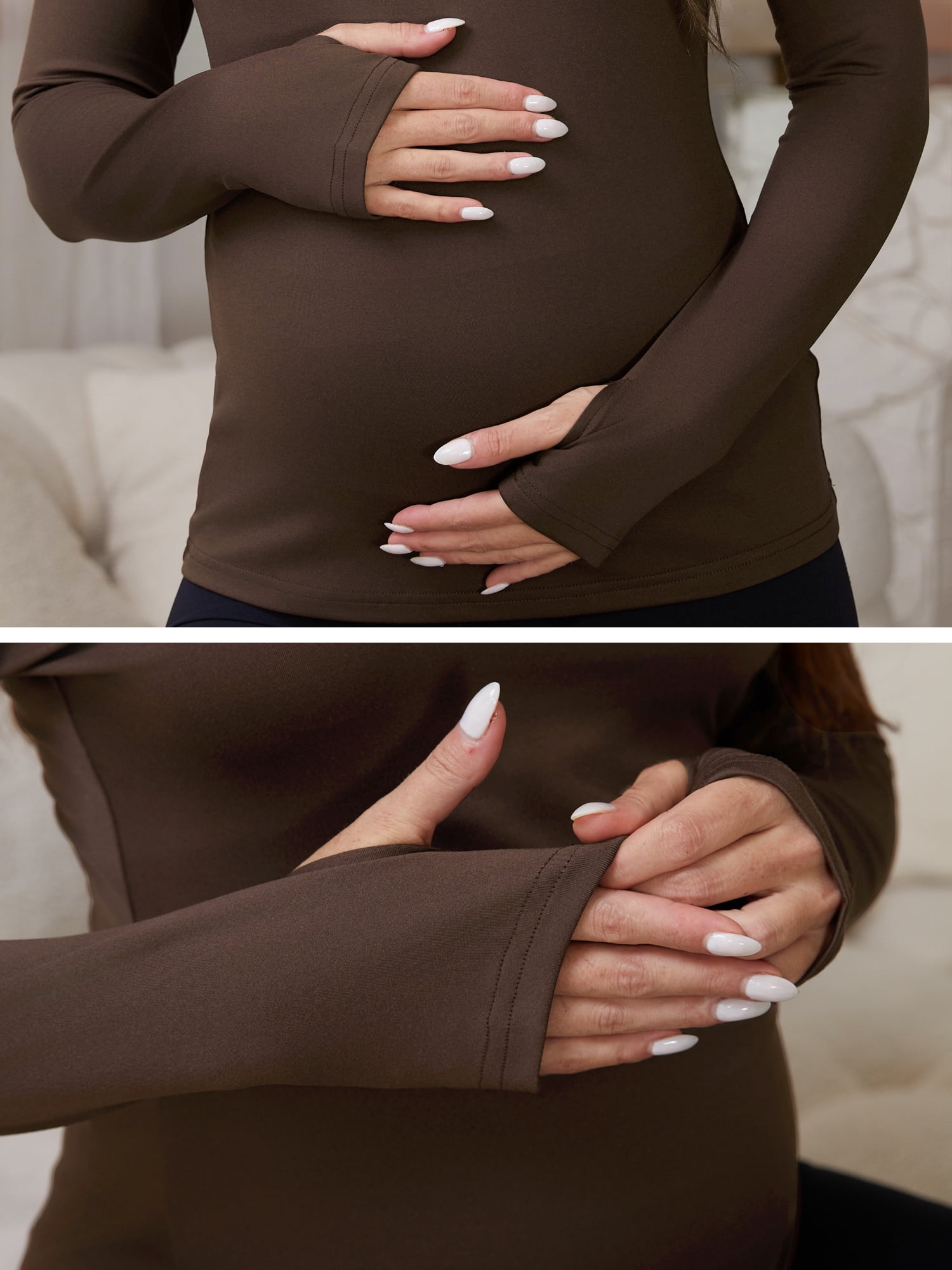 DARING DIVA Women's Maternity Stretchy Fitted Crew Neck Long Sleeve Tops S Brown