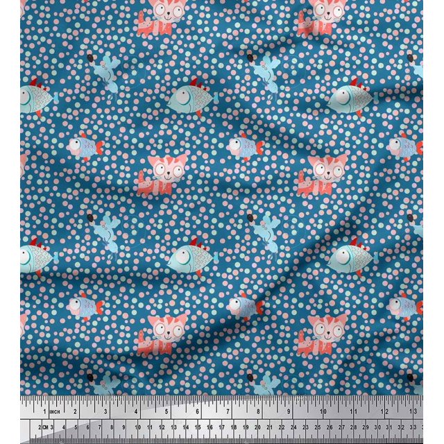 Soimoi Poly Georgette Fabric Dot,Fish & Cat Kids Print Fabric by Yard 52 Inch Wide