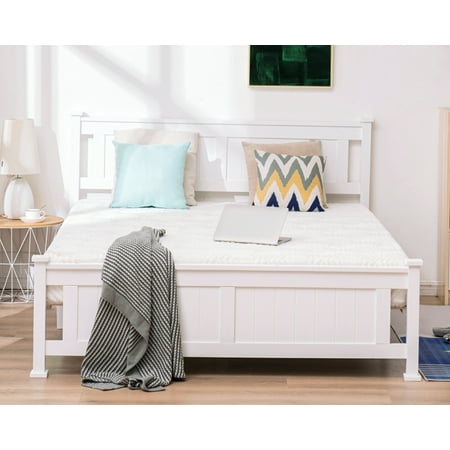 VINGLI Wood Queen Platform Bed with Headboard  Panel Bed  No Box Spring  Wood Slat Support Mattress Foundation White