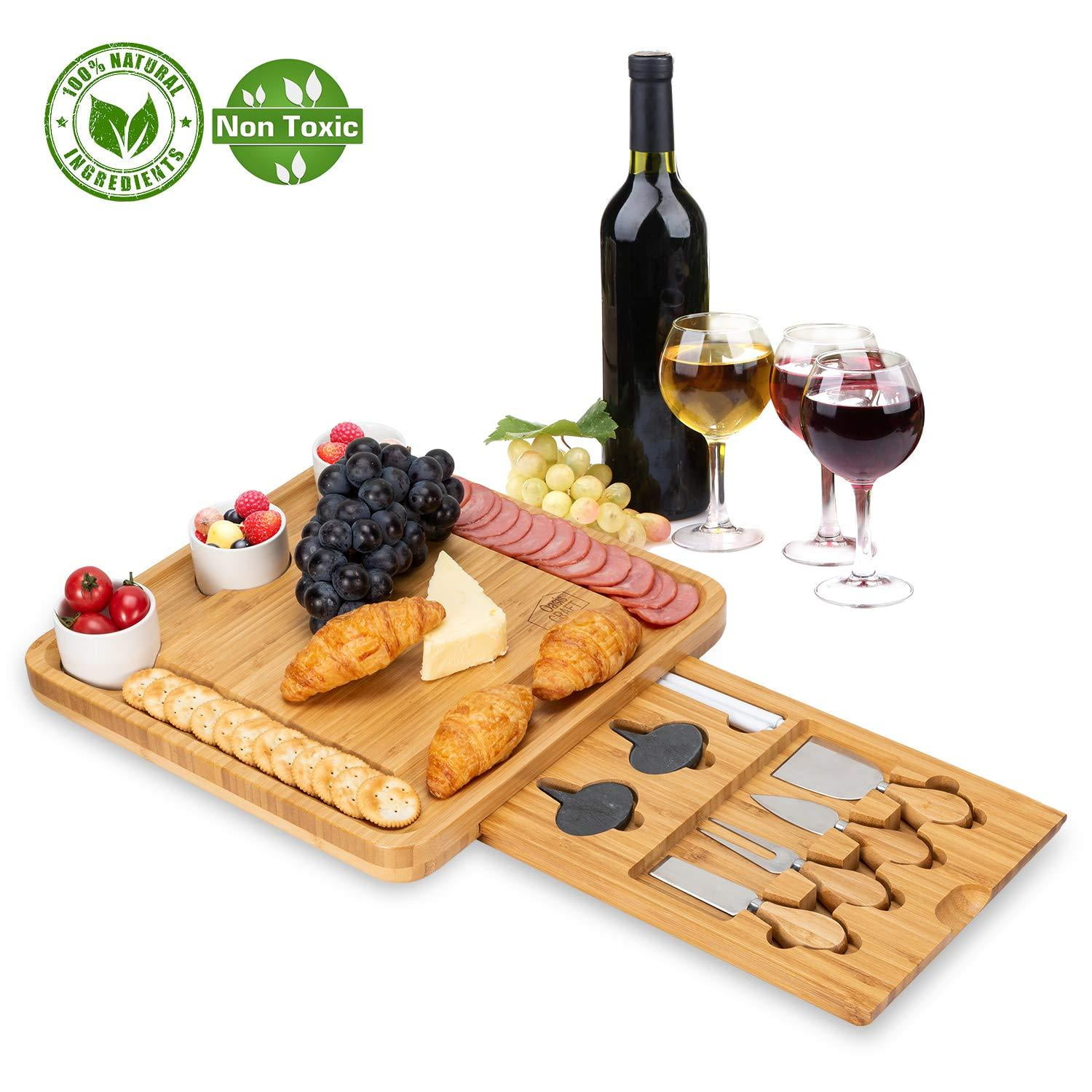 Bamboo Cheese Board with Cutlery Set-Charcuterie Cheese Plate Include 3 ...