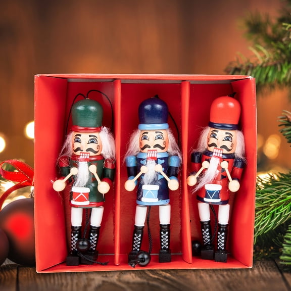 LOLIPPYY 3-Piece Christmas Wooden Soldier Nutcracker Set with Pull String Puppet Holiday Decoration