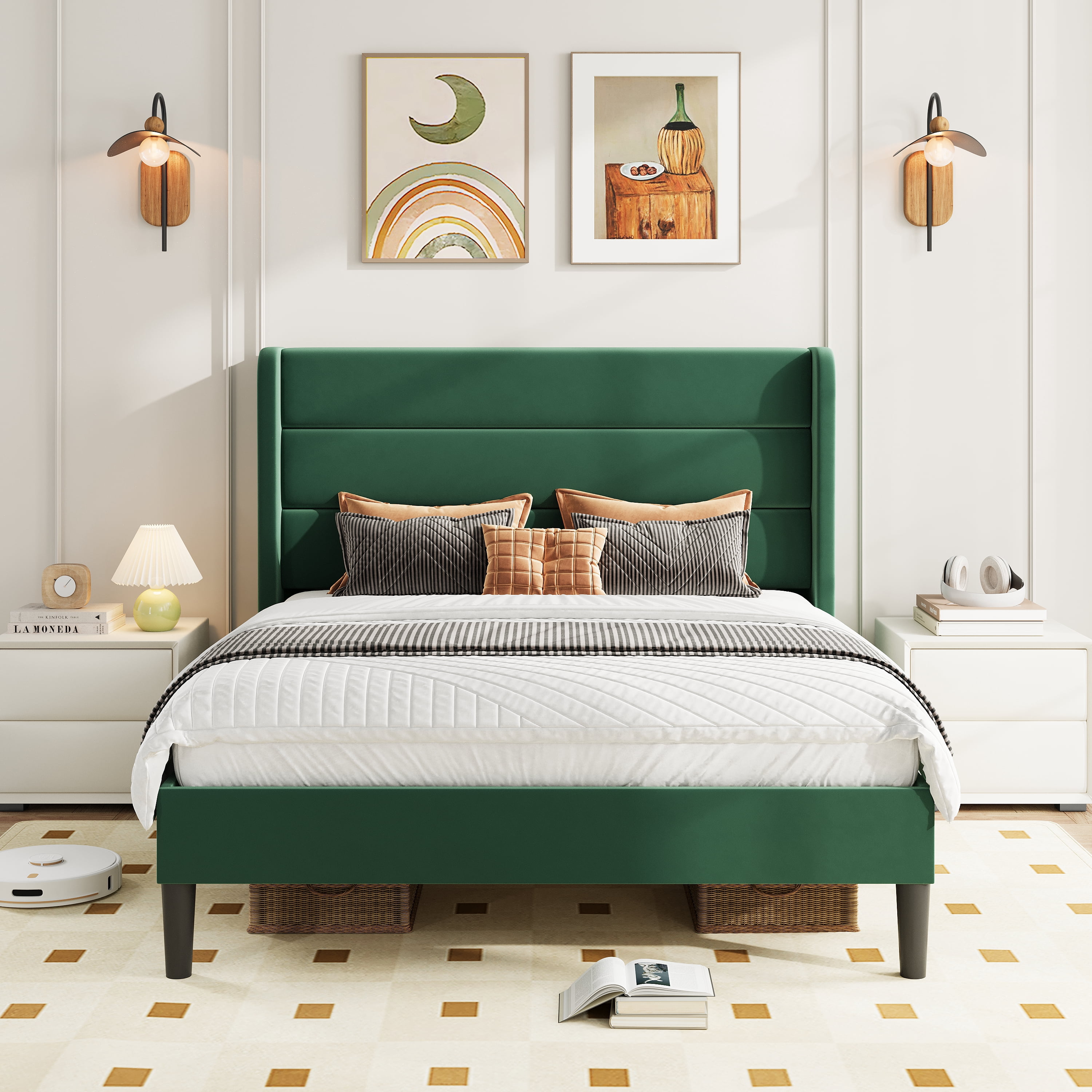 Amolife Full Size Platform Bed Frame with Velvet Upholstered Wingback Headboard, No Box Spring Needed, Green