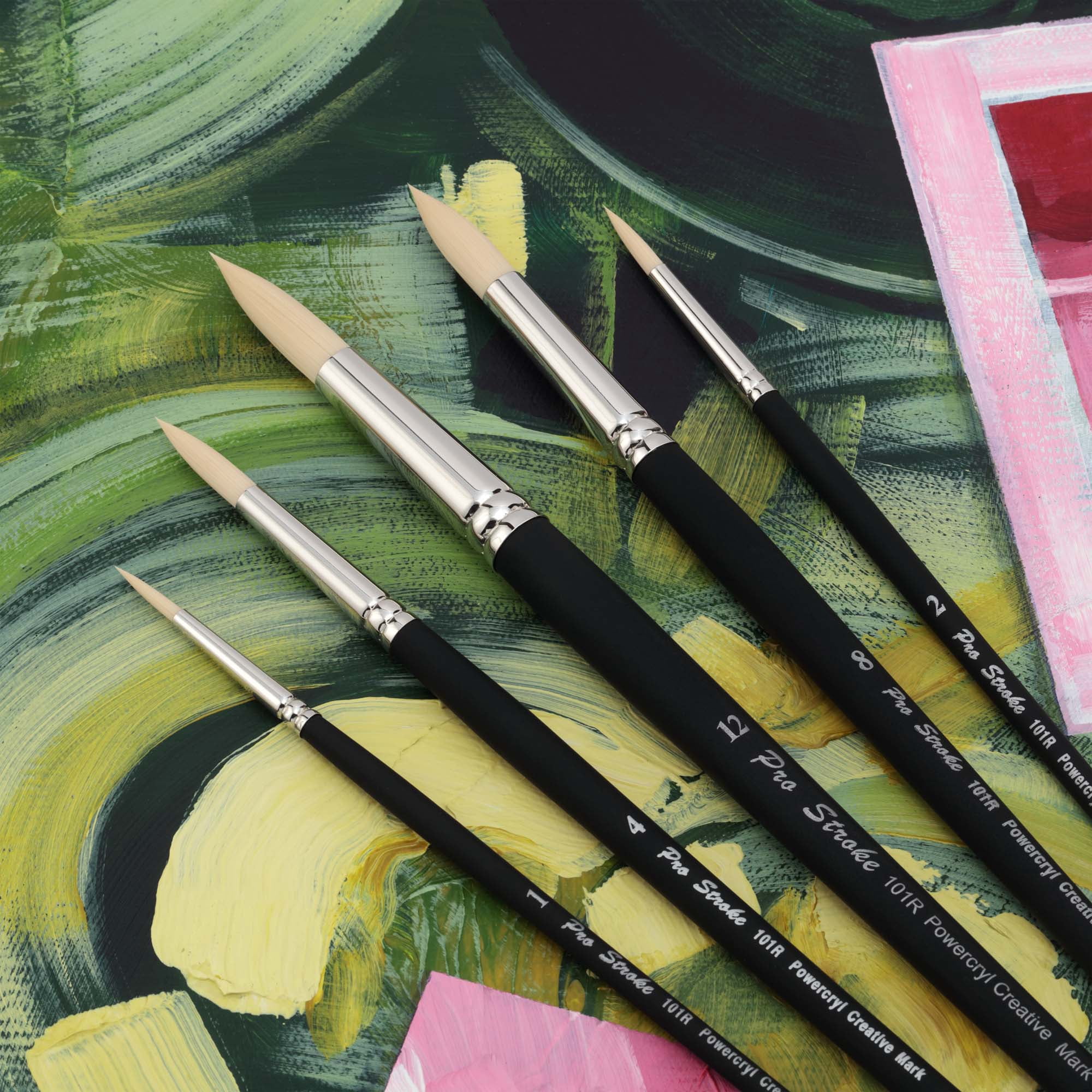 Creative Mark Pro-Stroke Powercryl Acrylic Paint Brushes - Rounds Value Set of 5, Synthetic Paint Brushes for Artists, Seamless Nickel-Plated Ferrules, Matte Black Wooden Handle, Soft-Touch Grip