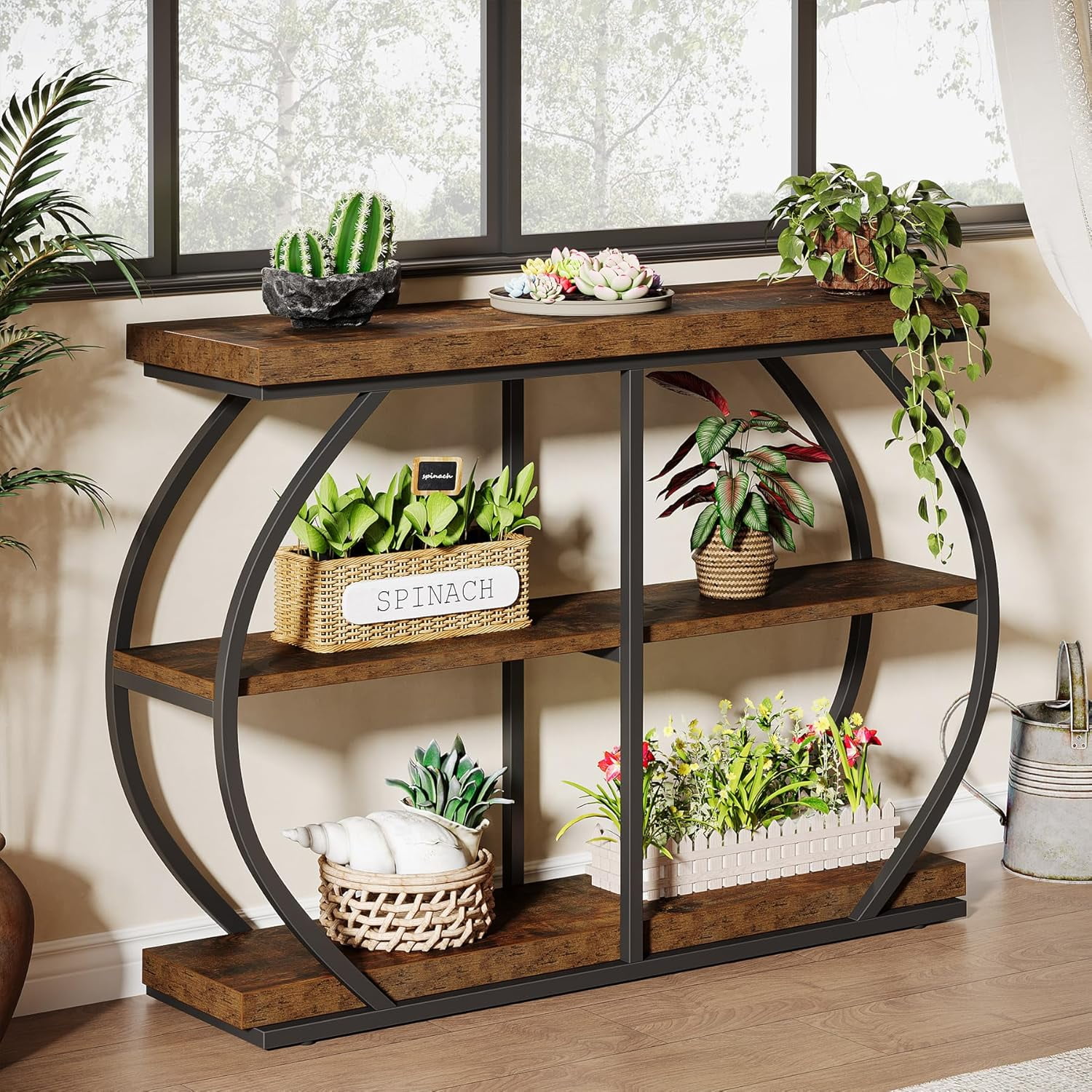 Tribesigns 41.3" Industrial Console Table: 3-Tier, Arched Metal Frame, Entryway Table with Storage Shelves, Rustic Brown & Black