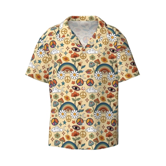 Ratiio 70s Hippie Style Print Mens Casual Short Sleeve Shirts Button Down Textured Shirts Summer Beach Shirt with Pocket Men's Casual Short-sleeved Shirt
