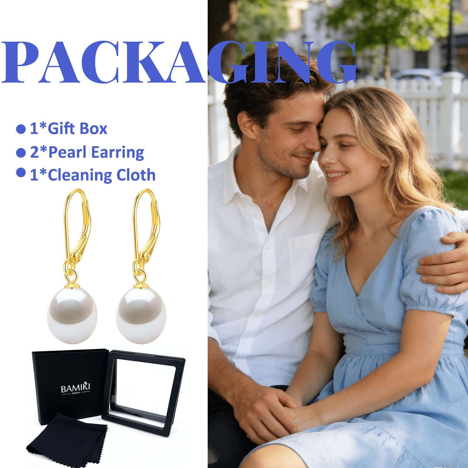 BAMIKI 8.5-9mm Cultured White Pearl Drop Earrings for Women, 925 Sterling Silver Leverback Dangle Earrings, Hypoallergenic Jewelry Gif
