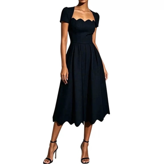 Women's Square Neck Short Sleeve Midi Dress, Scalloped Trim High Waist Flared A-Line Solid Retro Swing Dress Black XL(XL)