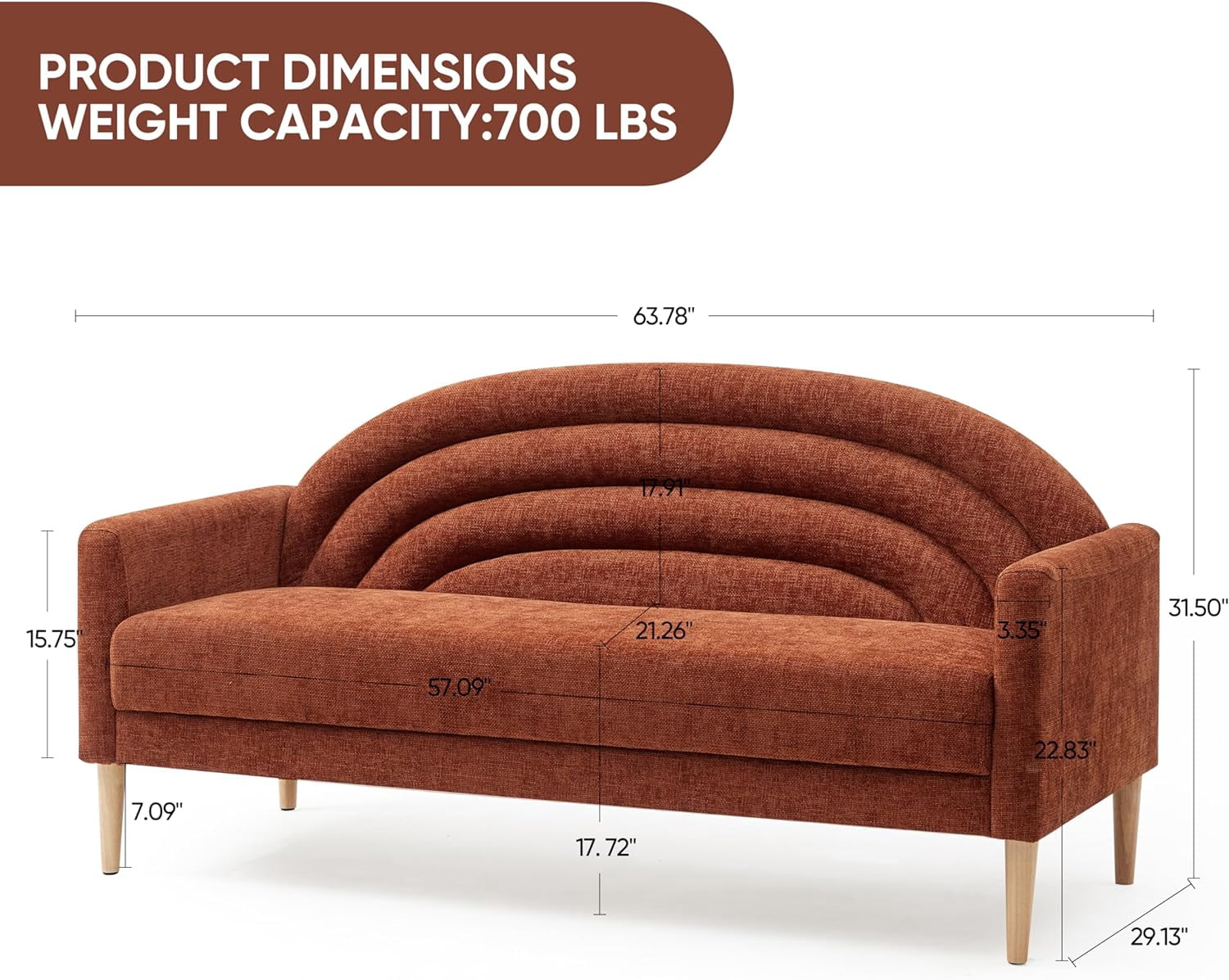 Zanmintaobo 63.8" Mid-Century Modern Loveseat,Tufted Rainbow Back Linen Upholstered Small Couch for Living Room & Apartment,700 LBS Capacity,Ocher