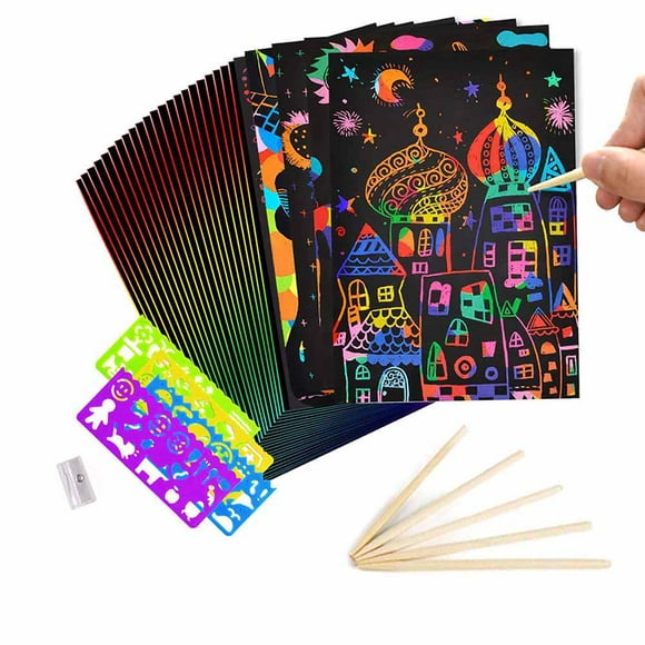 Roofei 50 Sheets Scratch Art Crafts for Kids, Black Magic Scratch Art Notes Paper Boards with 5 Wooden Stylus Gift for Children Kids Boys Girls