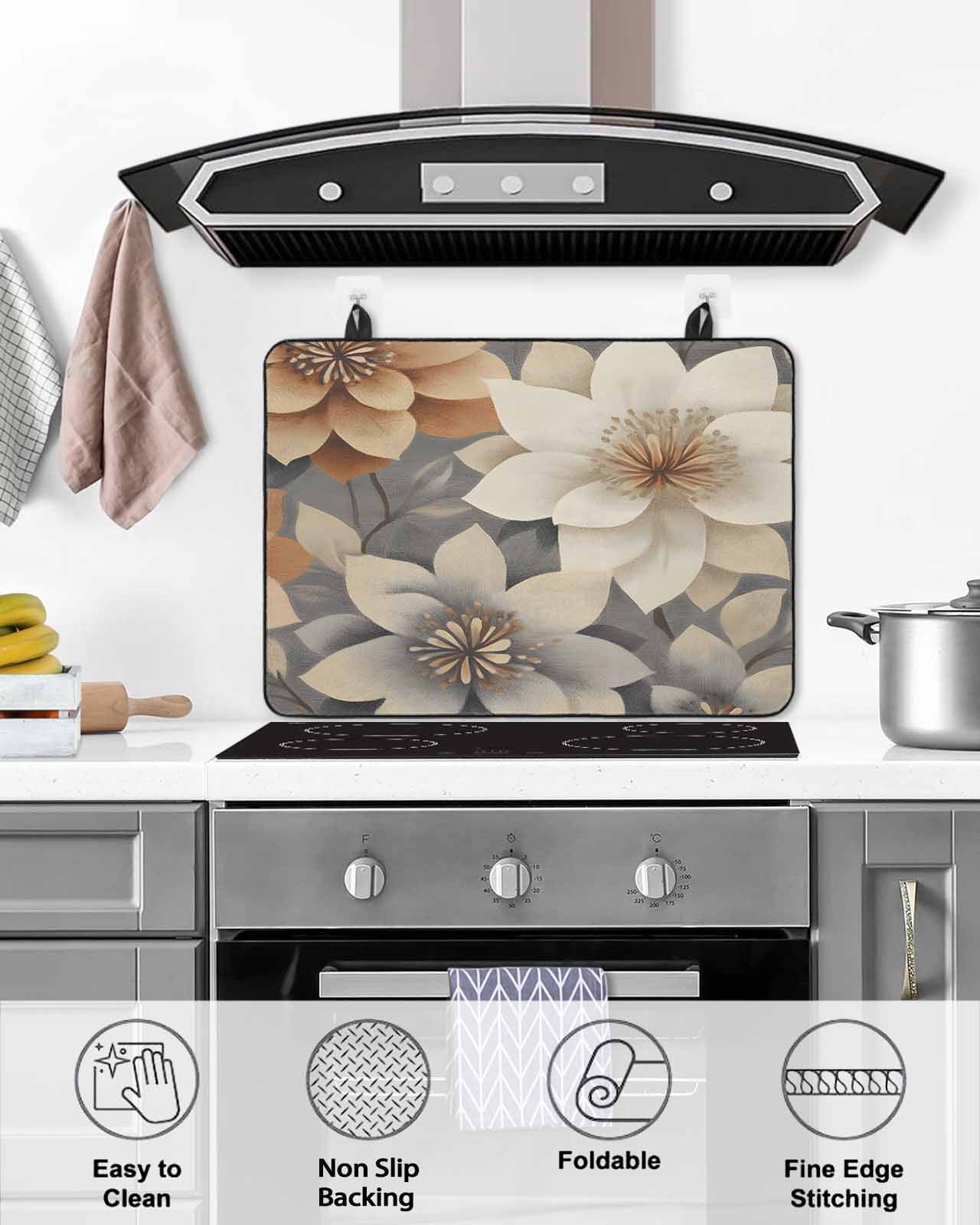 nqOlkjepod Large Induction Cooktop Protector Mat 24"x21", Burnt Orange Grey Flower Stove Top Covers for Electric Stove, Vintage Spring Floral Botanical Stove Burner Cover Mats, Glass Top Stove Cover