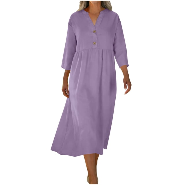 Mceream Plus Size V-Neck Long Dress with Button Front, Flowy A-Line Cut, Soft Cotton Blend for Everyday Wear & Work – Elegant & Comfortable Purple L