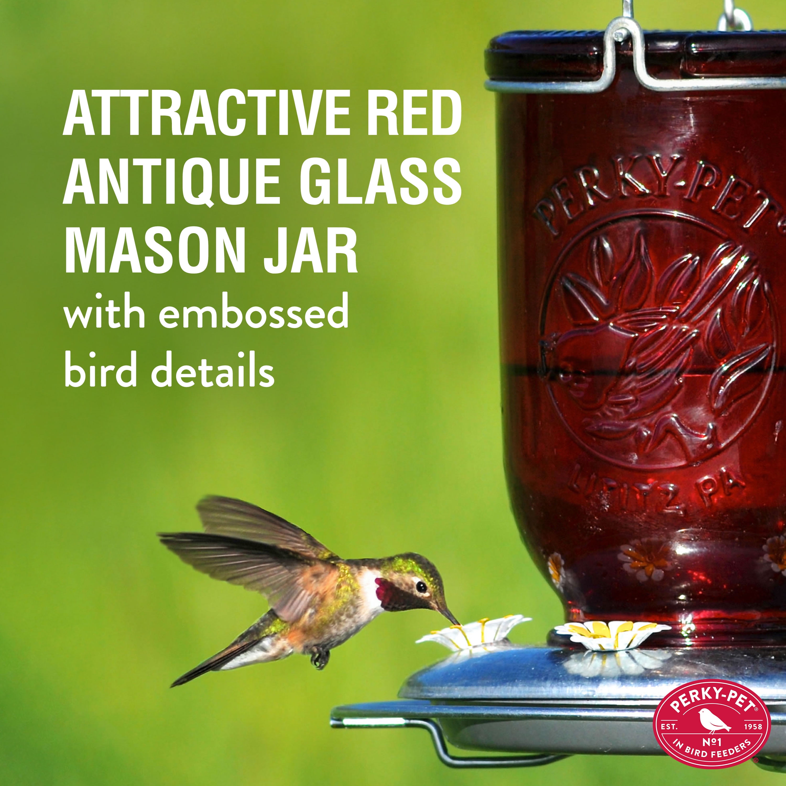 Perky-Pet 786 Red Mason Jar Glass Hummingbird Feeder 32-oz, 
