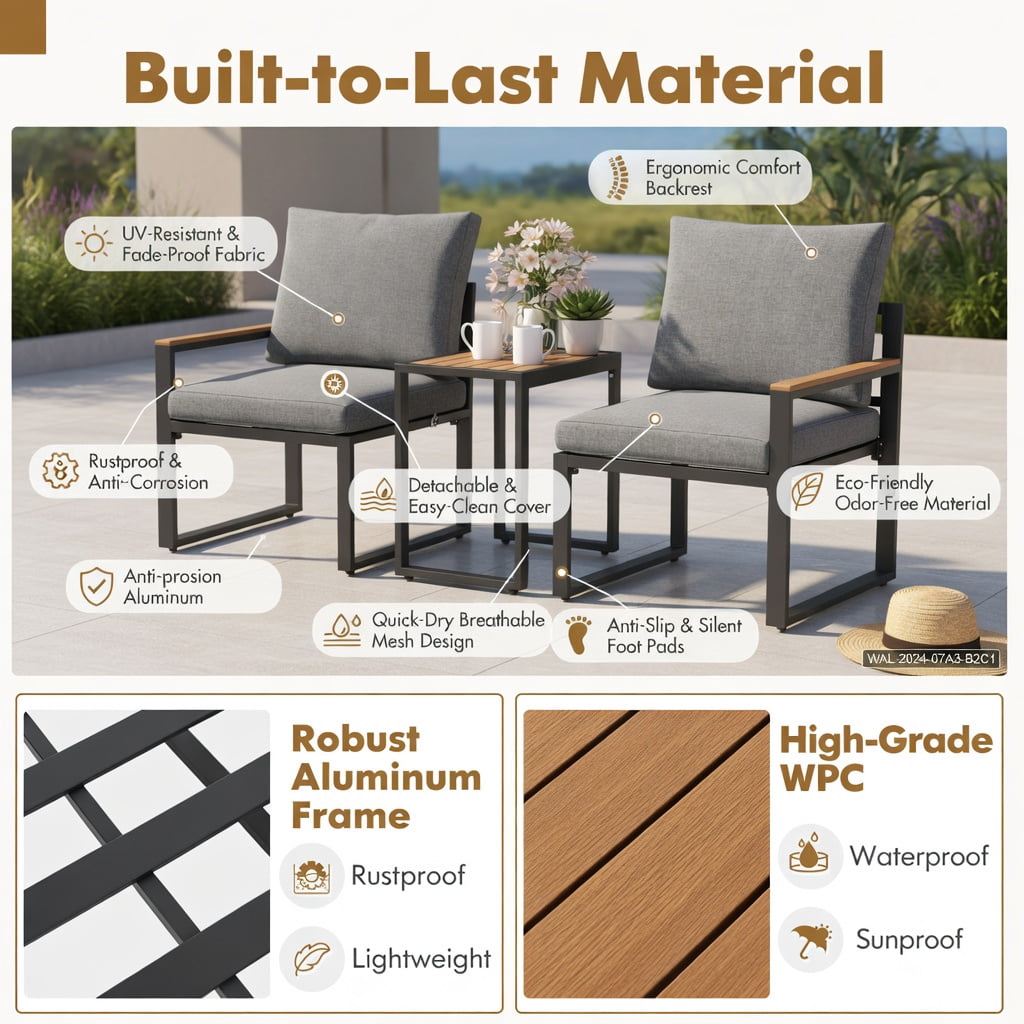 Hommoo 3-Piece Aluminum Outdoor Conversation Set, Weather-Resistant Patio Seating with Thick Olefin Cushions, WPC Coffee Table, Adjustable Feet for Deck, Porch & Poolside, Gray