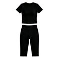 thumbnail image 4 of Holzkary Striped Two Piece Loungewear Set, Crew Neck Short Sleeve Slim Crop Top High Waist Capri Leggings Stretch Matching Outfit, Home Sleepwear Gym Training Clothes Summer Fall Outfits Black L, 4 of 4