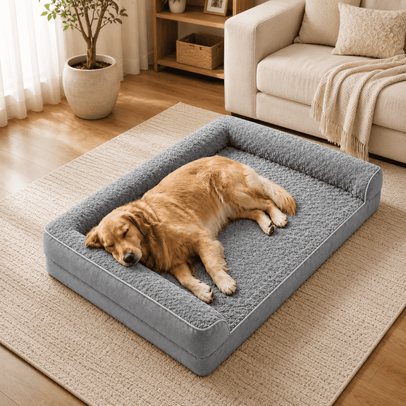BlissHaven 42"x30" Orthopedic Dog Sofa Bed for Extra Large Dogs, Egg Crate Foam, Washable Cover, Waterproof Liner, Non-Slip Base, Gray