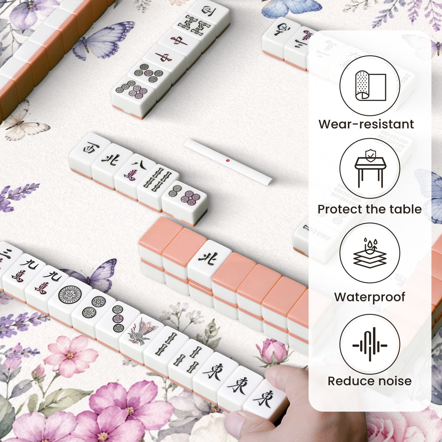 Mahjong Mat 31.5" x 31.5" Floral Frame Pink Roses Purple Hydrangeas Lavender Blue Butterflies Non-Slip Noise Reduction Mahjong Tiles Table Cover for Dominoes Poker Card Board and Tile Games