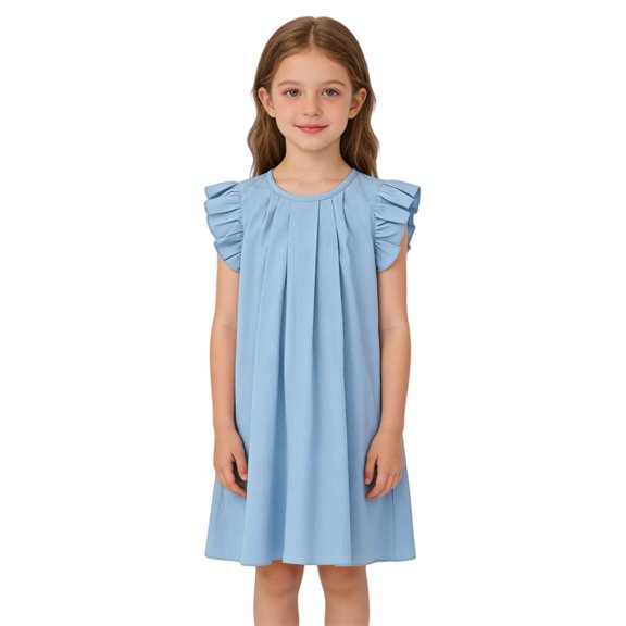 Ruyang Kids Girls Frilly Skirts Ruffle Fly Sleeve Round Neck Sundress Summer Solid Beach Vacation Casual Mini Dresses