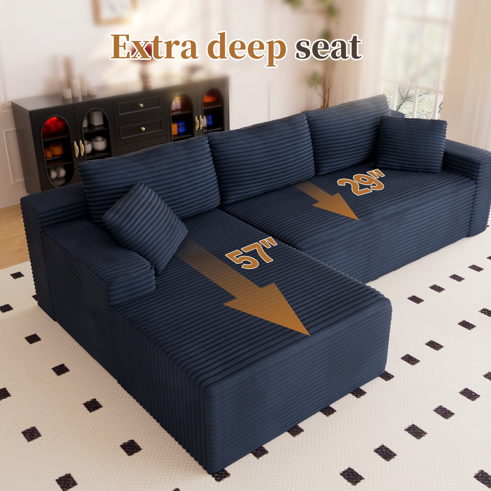 Lunale 105" Modular L-Shaped Sectional Sofa, Boneless Cloud Couch, No Assembly Required, Modern Deep Seat Corduroy Sofa for Living Room, Blue (Left Facing Chaise)