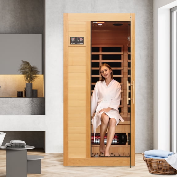 DSstyles Home Sauna, Canadian Hemlock Wood Far Infrared Sauna Room For 1-2 Person With LED Control Panel, Tempered Glass Door, LED Reading Light, And Speakers