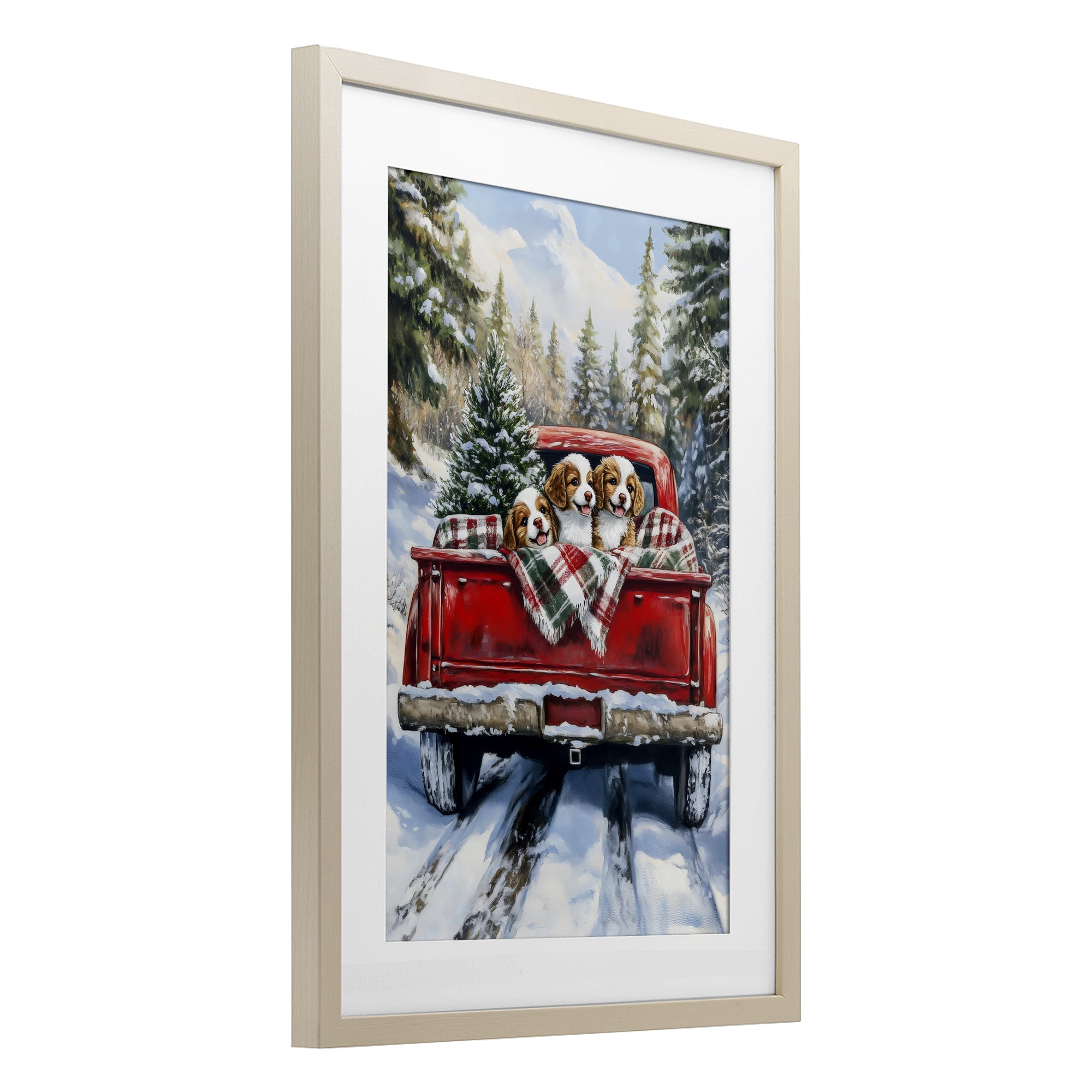 Christmas Truck Pups Trio Birch Framed Print Under Glass, design by Petal Prints Design