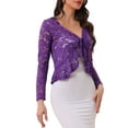 thumbnail image 5 of INSPIRE CHIC Valentine's Day Women's Floral Lace Cardigans Tie Front Ruffled Hem Sheer Crop Bolero Shrug XS Violet Purple, 5 of 7