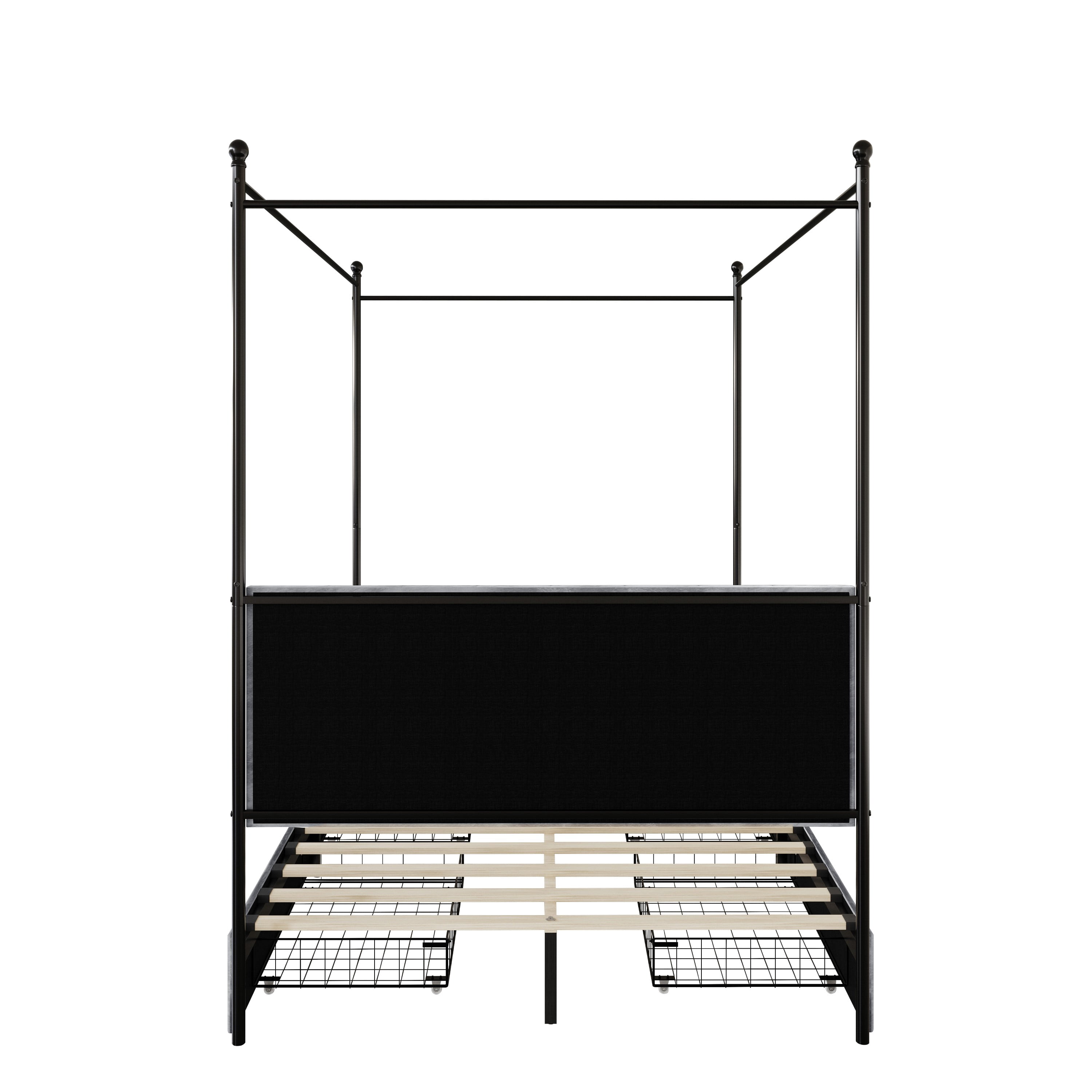 Home Design Hobart King Upholstered Metal Storage Canopy Bed Frame with Square-Tufted Headboard and Four Under-Bed Drawers, Silver Gray, Easy Assembly