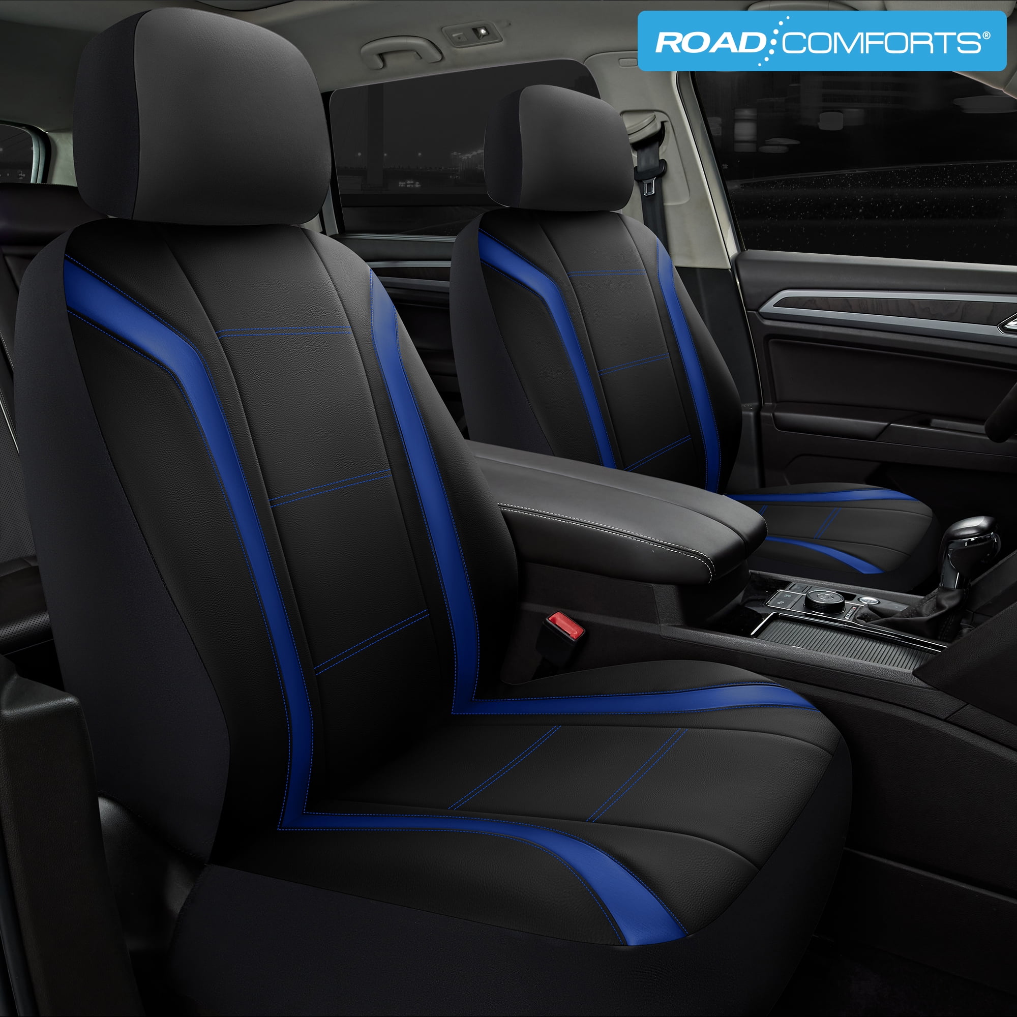 Road Comforts Leather Car Seat Cover,Sports Style Car Seat Cover,Breathable,Non-Slip,Universal Fit,Blue Front Seats