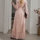 thumbnail image 5 of Vestido de mujer con lunares y lentejuelas, vestido de noche largo elegante sexy con escote en V, manga larga, cintura alta, abertura, vestido maxi con cinturón, 5 of 7