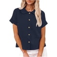 thumbnail image 5 of YOIAVAIOY Peter Pan Collar Shirts Women Business Button Up Shirts Lightweight Casual Short Sleeve Blouse Navy S, 5 of 8