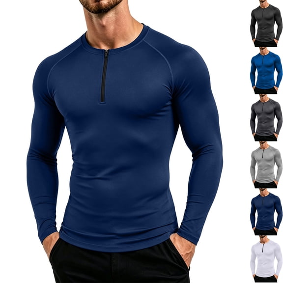 Men's Compression Base Layer Mock Neck Muscle Fit Long Sleeve 1/4 Zip Stretch Quick Dry Athletic Shirt for Workout Training Running Cycling, Navy, XXL