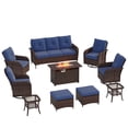 thumbnail image 5 of Clouddwell 10 Pieces Outdoor Patio Furniture Set, Rattan Wicker Sectional Swivel Rocker Chairs Sets with Fire Pit, Blue/Brown, 5 of 9