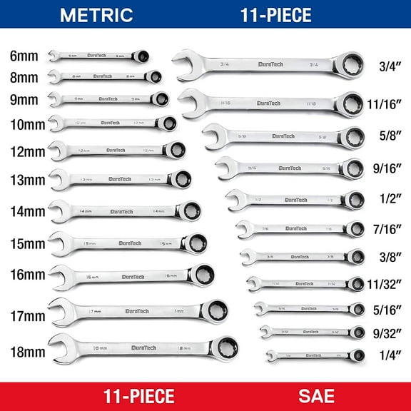 Ratcheting Wrench Set, Combination Wrench Set, SAE & Metric, 22-piece, 1/4" to 3/4" & 6-18mm, CR-V Steel, with Pouch
