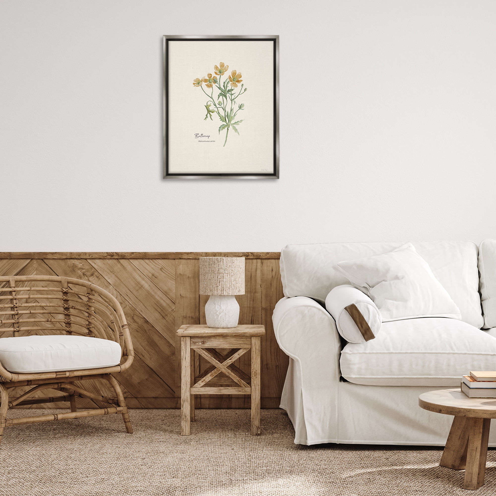 Stupell Industries Simple Buttercup Flowers Botanical & Floral Painting Gray Floater Framed Art Print Wall Art, 25 x 31