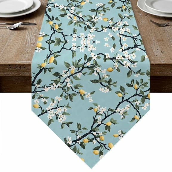 Lemon Flower Table Runner Linen Burlap Table Runner 72 Inches Long Summer Leaves Botanical Garden Florals Dresser Scarves for Kitchen Island Coffee Dining Party Wedding Banquet Holiday Decor 16"x72"