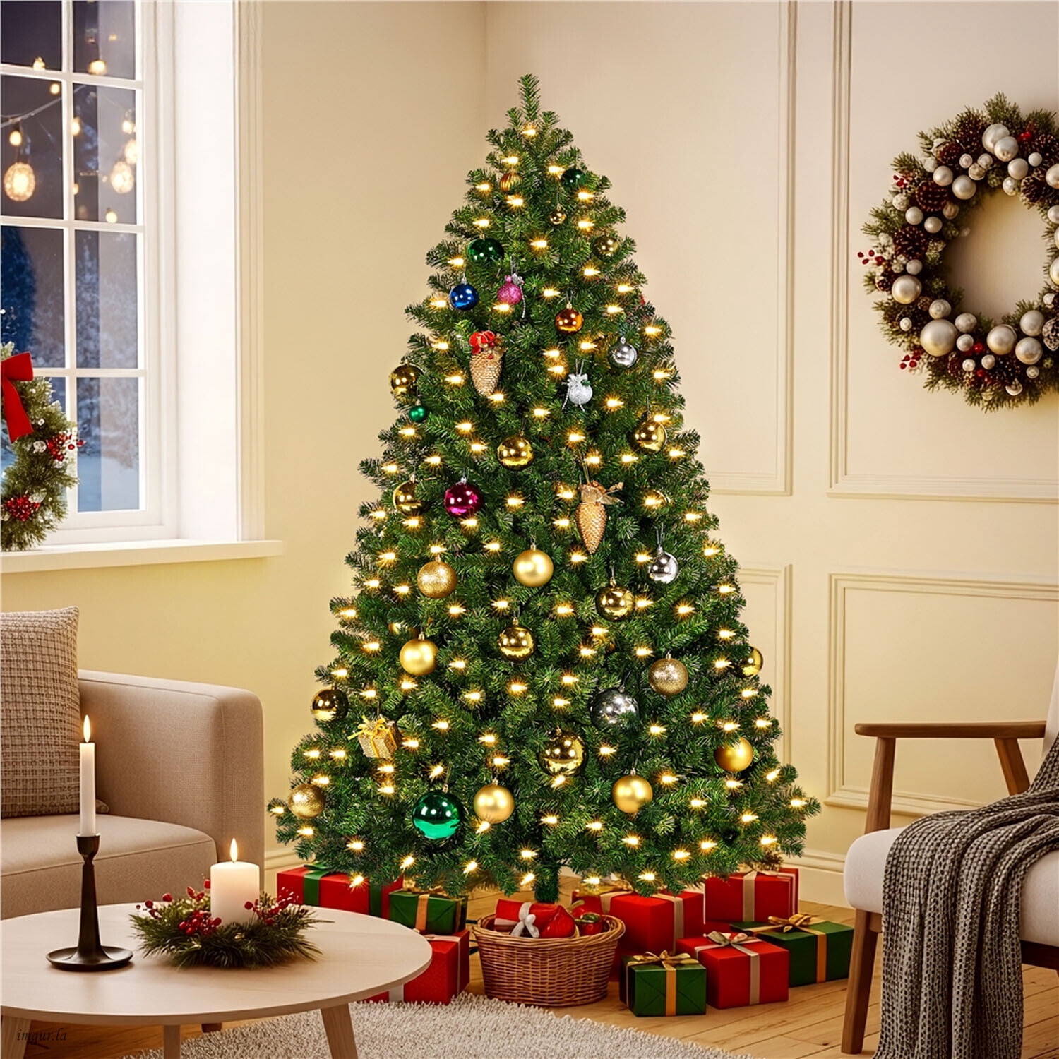 Alden Design 6FT Pre-lit Artificial Hinged Christmas Fir Tree with Stand and 300 LED Warm Lights,Green